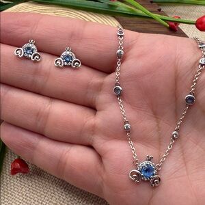 Second Hand 👏🏻Pandora Silver Necklace 925 with Blue and White Gems 45CM earrings